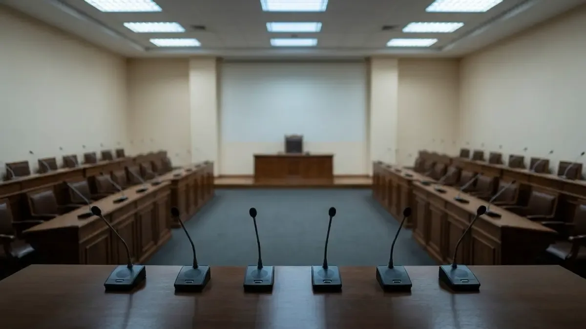 Sala de conferencias vacía con micrófonos sobre un atril, sin banderas