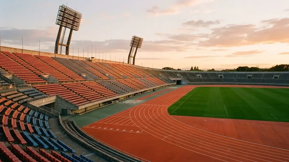 Estadio deportivo vacío al atardecer