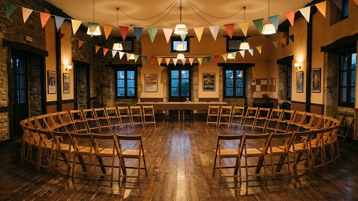 Salón de asociación con sillas en semicírculo y banderines lisos colgando