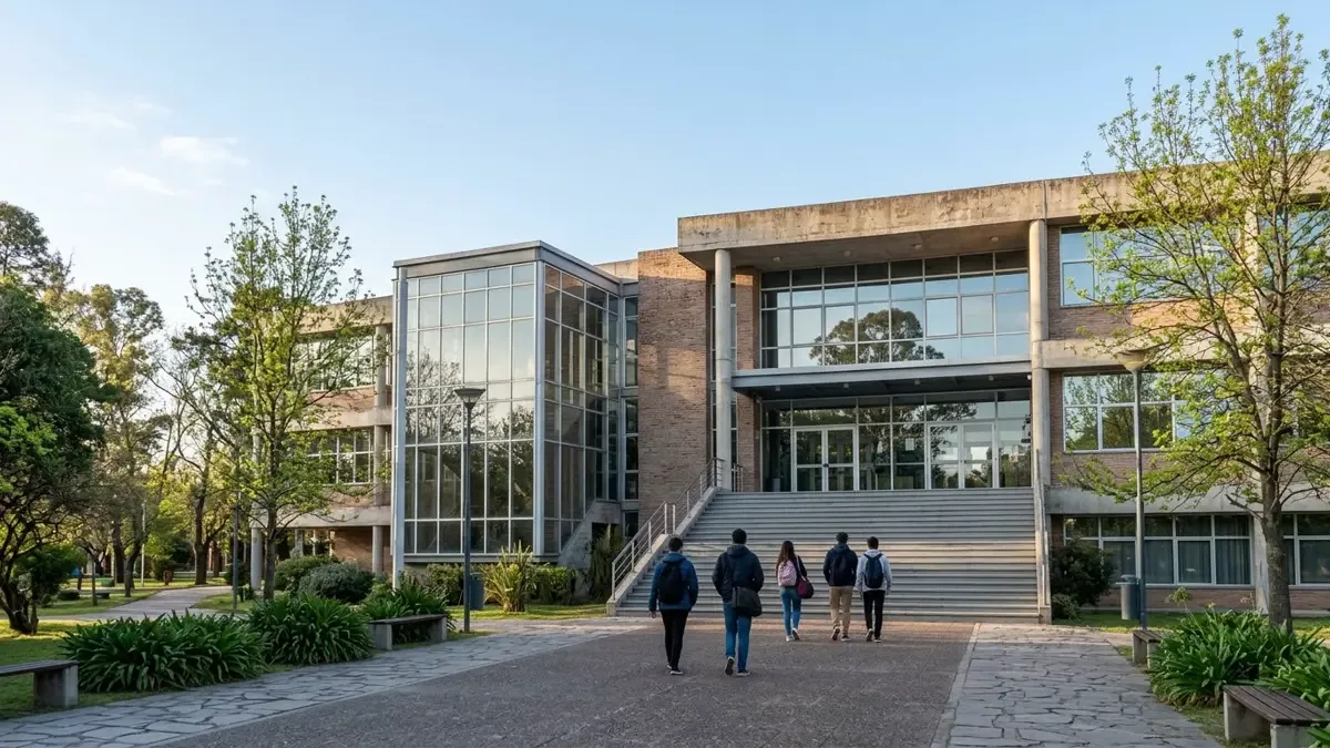 Fachada genérica de un edificio universitario con estudiantes de espaldas.