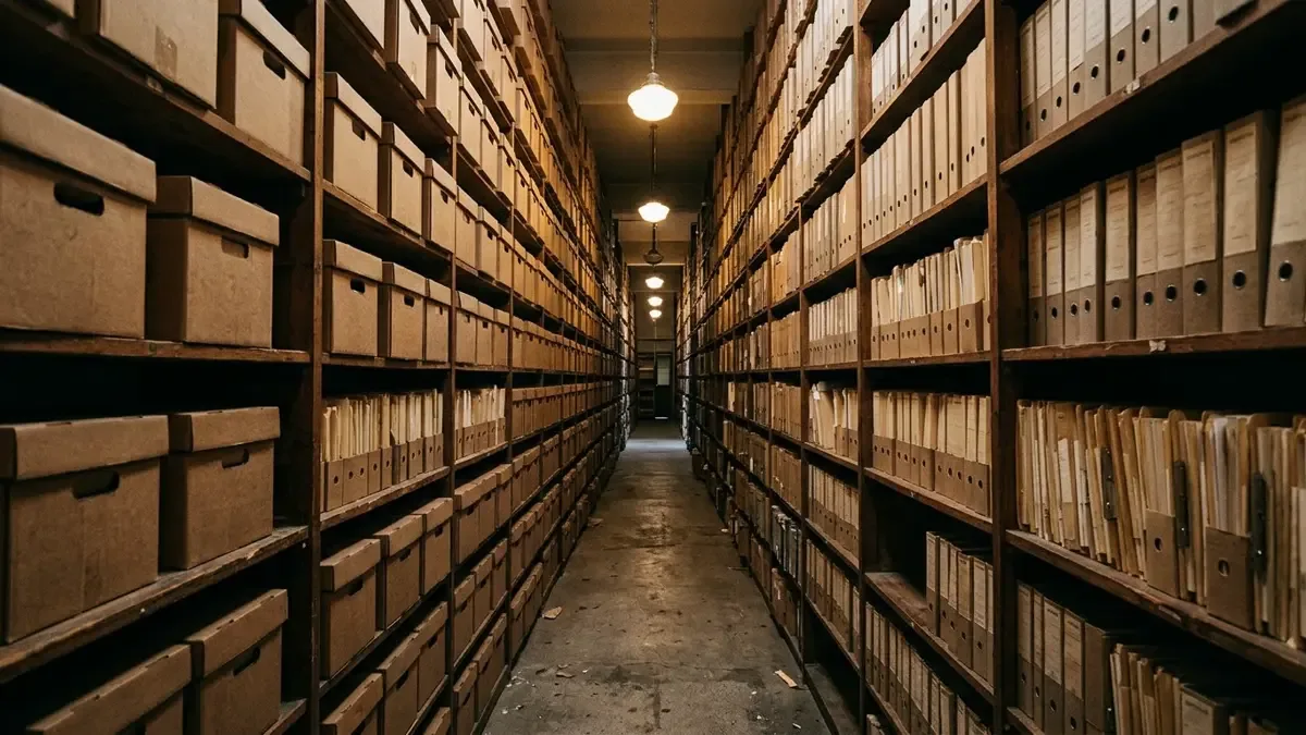 Archivo con estanterías de cajas y carpetas cerradas en un pasillo con luz cálida