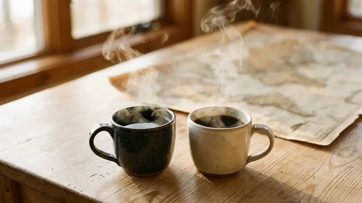 Dos tazas de café sobre una mesa con un mapa desenfocado de fondo